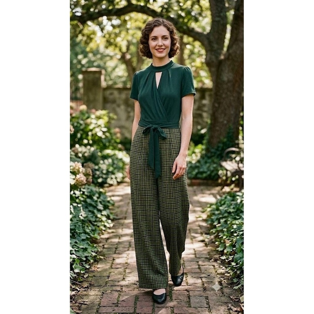 Retro Stage Green Plaid Keyhole Jumpsuit 1930s Vtg Inspired Wide Leg Pockets M